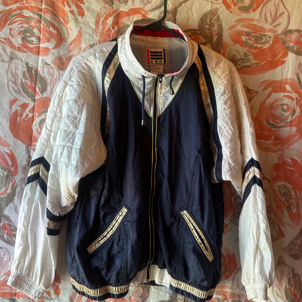 Vintage Navy and White Wind Jacket with Gold Accents